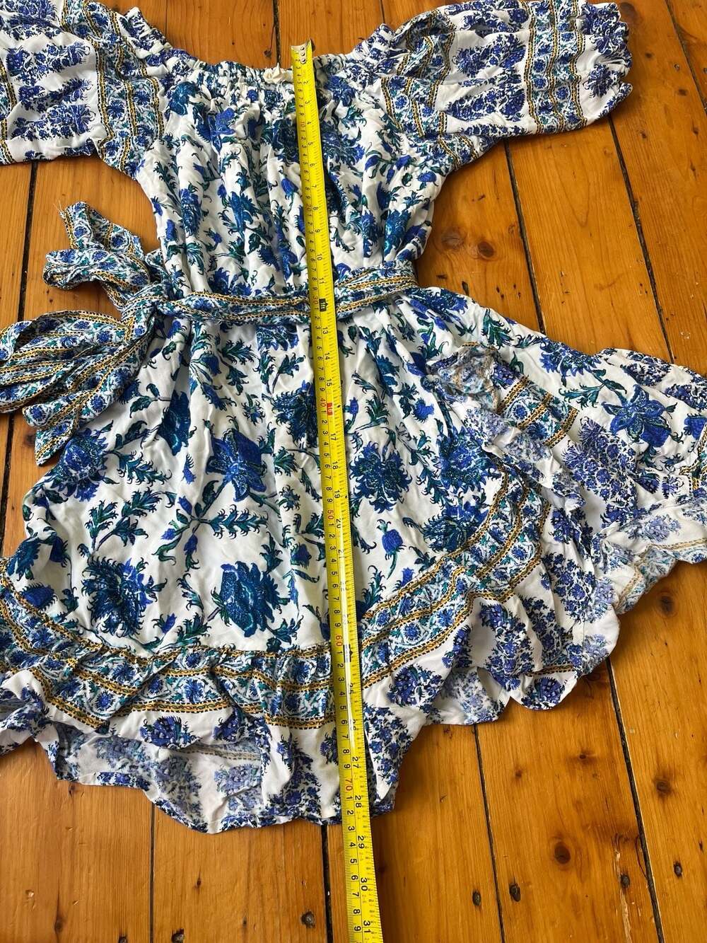 Nicole Miller Blue and White Floral Off-the-Shoulder Puff Sleeve Ruffle Dress - Picture 6 of 7
